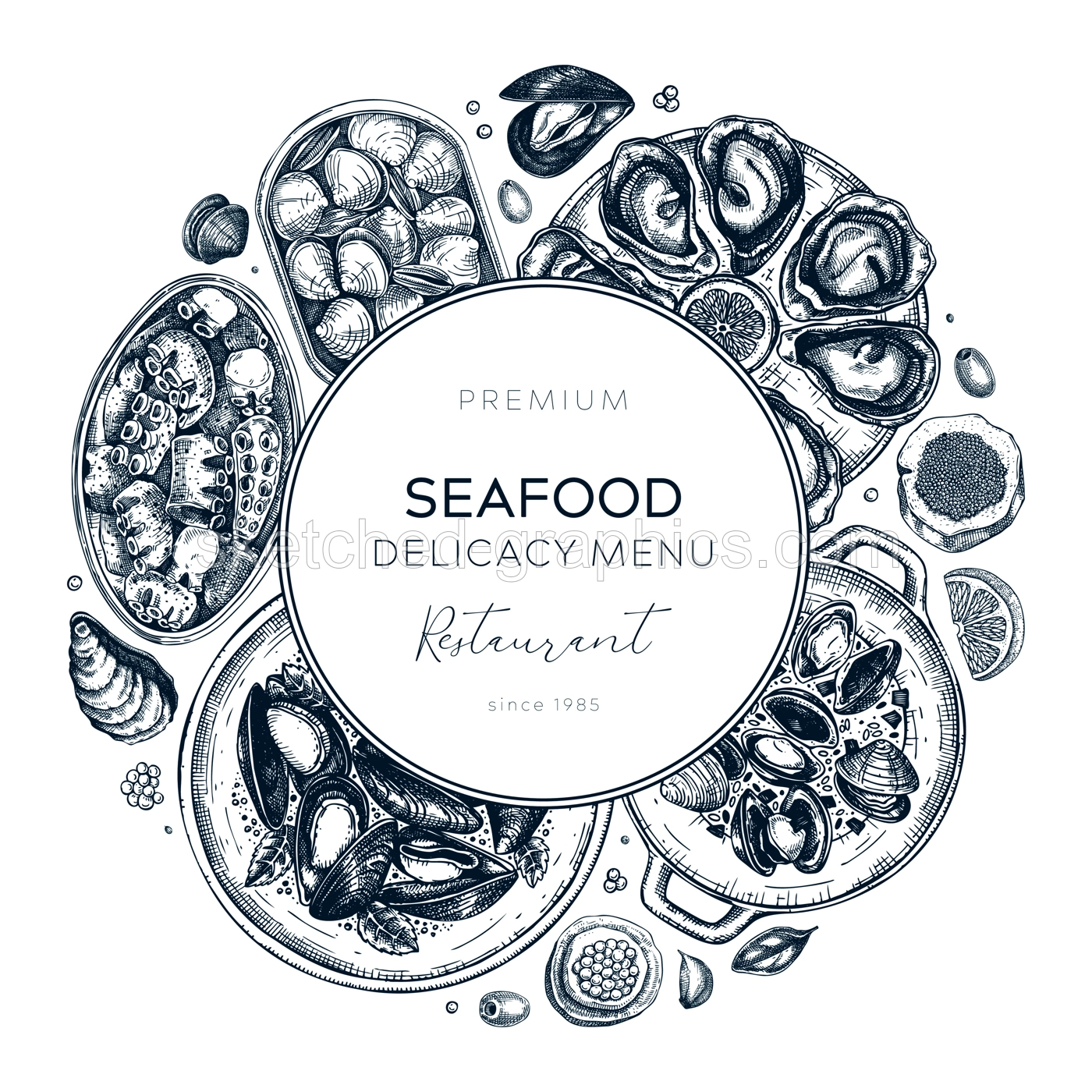 Seafood restaurant banner design. Hand drawn tinned fish and cooked shellfish illustrations - mussels, oysters, shrimps, caviar, clams, squids sketch style. Vector wreath  isolated on white background Illustration